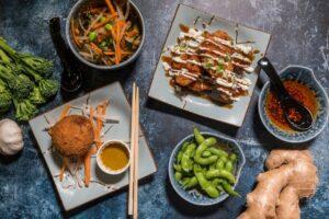 japanese food on a blue ornate table