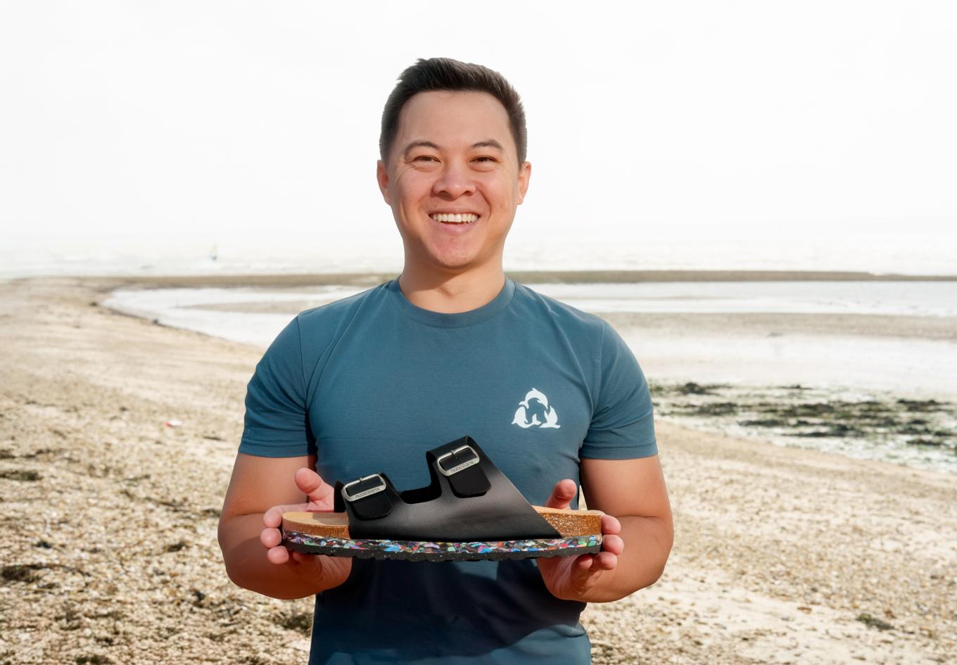 Terence Chung, founder of Nuoceans holding his flip flip product