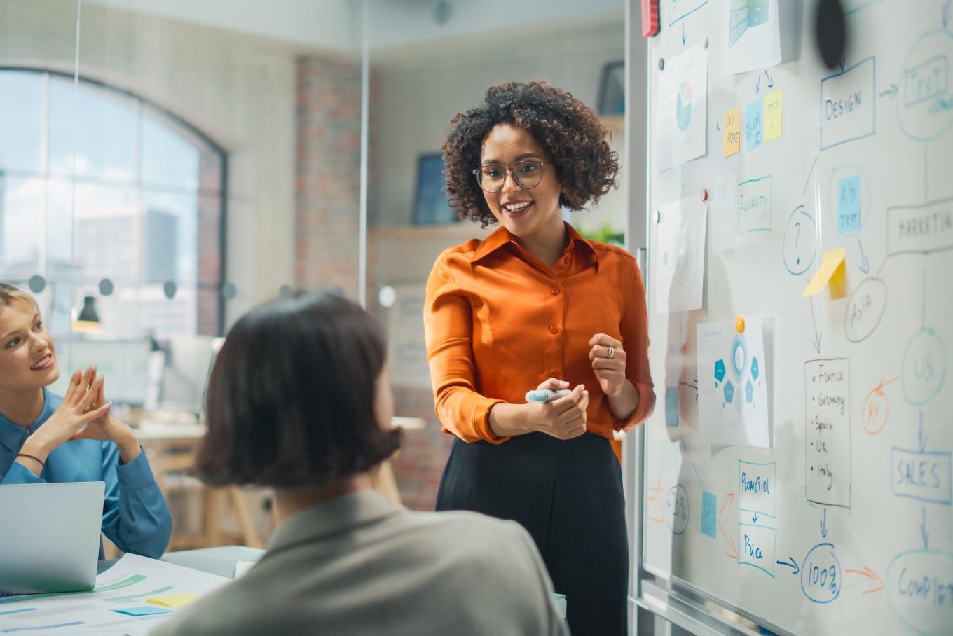 Female presenting on a whiteboard to two other females in an office environment